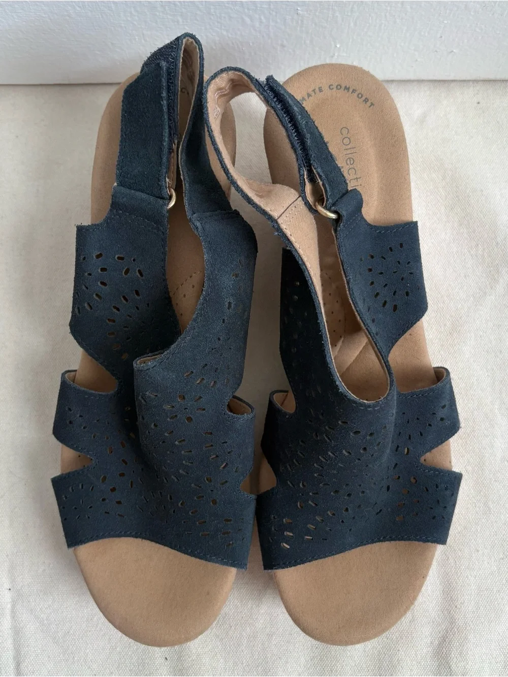 Clarks Collection Women’s Blue Leather Cut-Out Wedge Sandals Ankle Strap 9 M